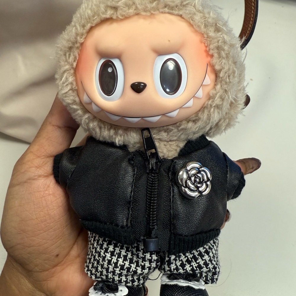 Cute Plush Toy with Black Jacket and Houndstooth Pants